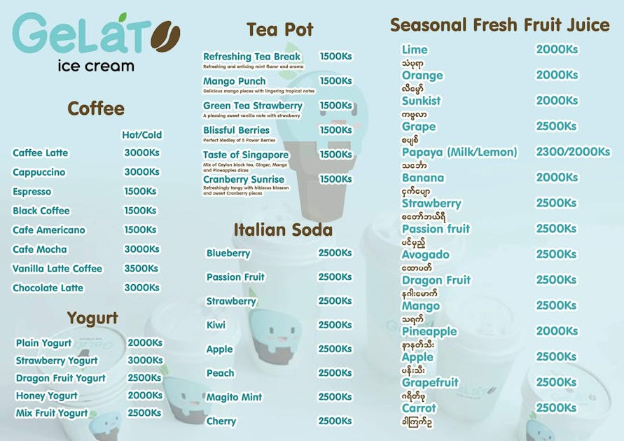 Menus Gelato Ice Cream Chanayethazan Mandalay yathar
